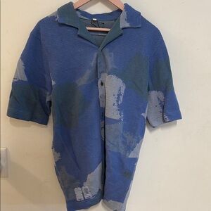 MCQ Blue and Gray Short Sleeve Button-Up Shirt